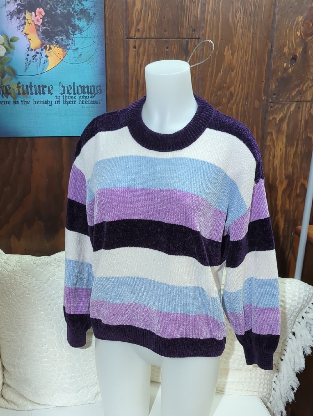 Size S George Striped Velour Crew Neck Sweater โ Cozy Retro Vibes โจ - Picture 2 of 16